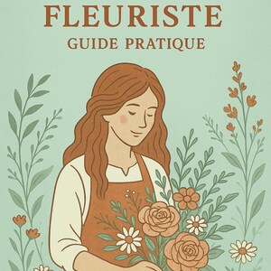 Peut inclure: Illustration d'une femme tenant un bouquet de fleurs, avec le texte "L'ART DE LA FLEURISTE GUIDE PRATIQUE" en haut. La femme porte une chemise blanche et un tablier marron. Le fond est bleu clair avec des illustrations florales.