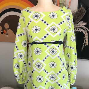 1970s Baby Doll Mini Dress Chartreuse Green Floral Empire Waist Double Knit Polyester image 1