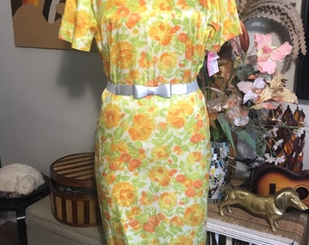 Vintage 1960s Silk Shift Dress Orange Yellow Floral Mid Century Mod