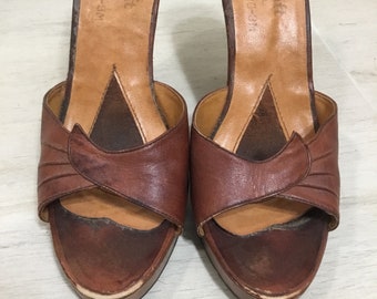 70's Wood Platform Brown Leather High Heels - Etsy