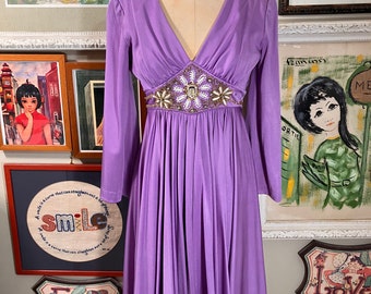 1970s Vintage Lilac Empire Waist Maxi Dress Gold Floral Beading Formal Gown