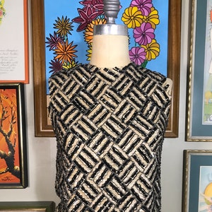 Jomar Imports LTD 1960's Beaded and Sequin Black & Beige Sleeveless Wool Knit Top image 1