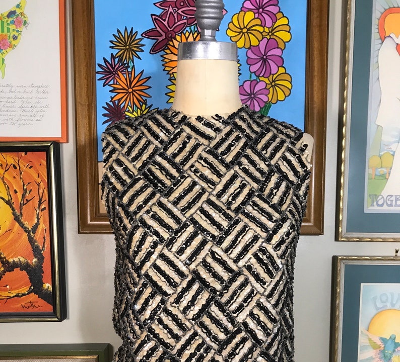 Jomar Imports LTD 1960's Beaded and Sequin Black & Beige Sleeveless Wool Knit Top image 1