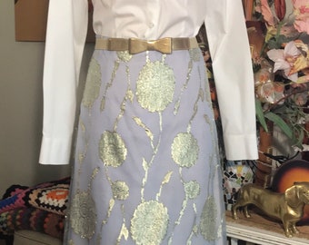1960s Misty Blue & Gold Brocade Maxi Skirt