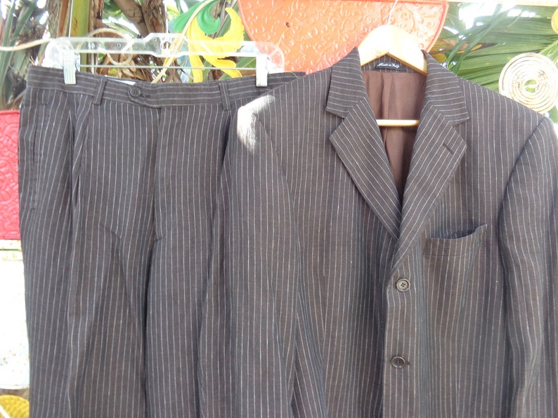 Studio Milano Italy Pure Linen Mens Brown White Pin Stripe Suit image 1