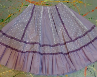 1980s Square Dance Skirt 50 Inch Flared Lilac Cotton and Lace