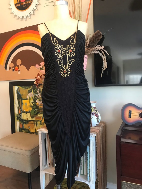 1980s Black Embroidered Ruched Dress - image 2