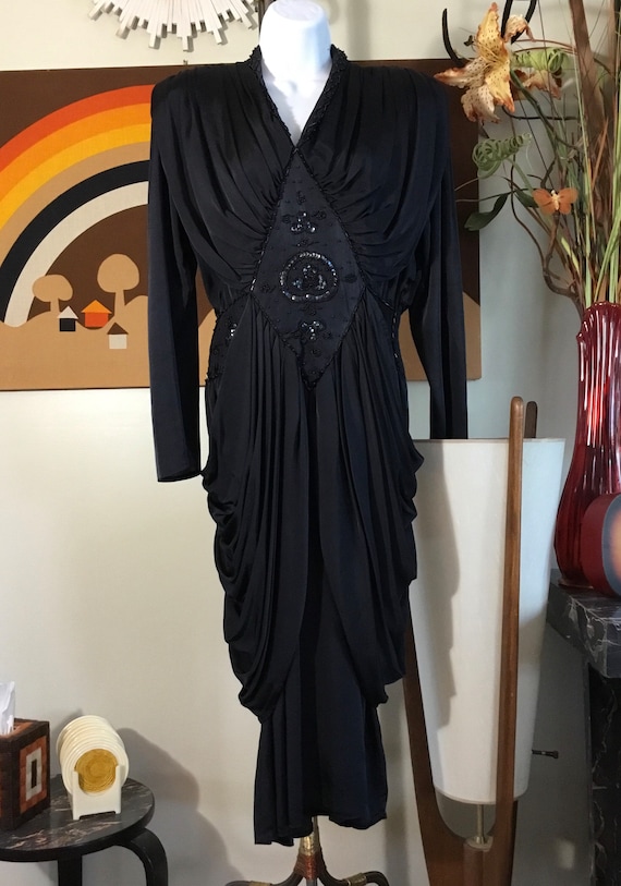 1980’s Black Ruched Dress - image 2