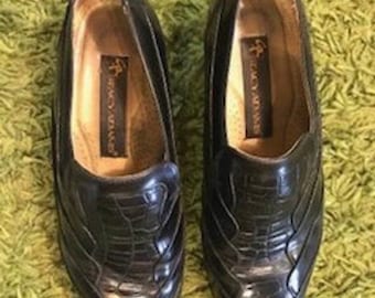Stacy Adams 1980s Mens Black Snake Belly Leather Loafers Slip On Dress Shoes