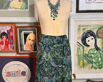1960's Skirt Olive Green, Navy & Turquoise Paisley (Small)