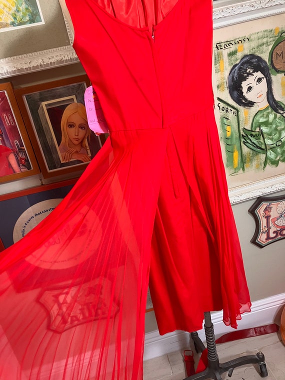1960's Sleeveless Belted Red Silk Chiffon Holiday… - image 6