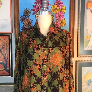 Lansons 1970s Men&#39;s Silk Acetate & Lurex Green Black Copper