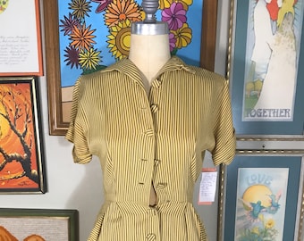 Westway Miss of Dallas 1940s VINTAGE Mustard Yellow & Brown Striped Dress