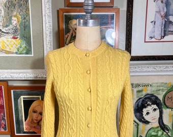 1970's Ladies Bright Yellow Cable Knit Cardigan Sweater