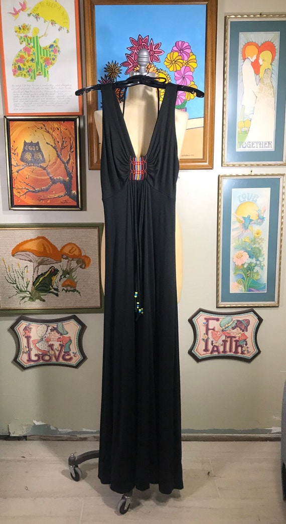 Bohemian Maxi Dress 1970's Black Cotton Beaded (S… - image 2