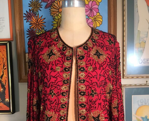 Adrianna Papell Evening 1990’s Ladies Silk Beaded… - image 1