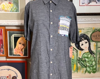 Vintage 80s On the Byas Shirt Men 44 Chest Charcoal Gray Chambray Southwest