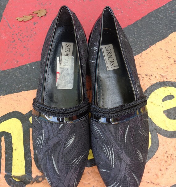 通販でクリスマス Mens 1980's Italy Stracam Black Loafers Brocade Cloth Gray & 靴