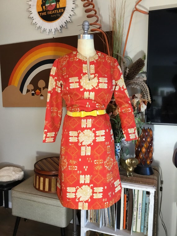 Vintage 1960s Silk Maxi Dress Burnt Orange Yellow Aztec Psychedelic Mod Gown
