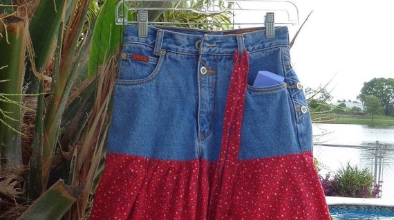 Lawman 1980's Blue Denim & Red Floral Fabric West… - image 1