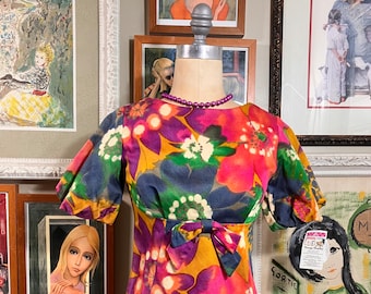 Tori Richard Honolulu 1960's Multi Watercolor Hawaiian Floral Print Maxi Dress