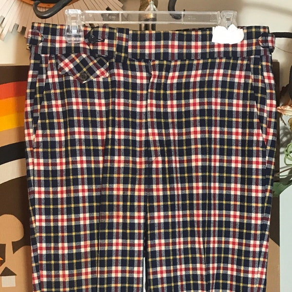 Jaymar Flare Wool Pants 1970's Unisex Red, White, Yellow & Blue Plaid