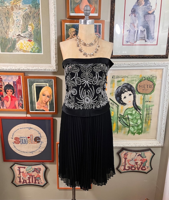 Kay Unger 1980's Black Chiffon Strapless Cocktail Dress