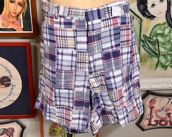 Vintage 1980s Club Room Shorts Men 34 Waist Blue Plaid Cotton Bermuda Shorts