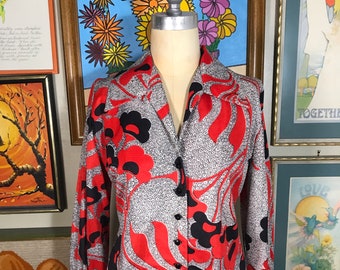 1970's Floral Blouse Red, Black and White Print