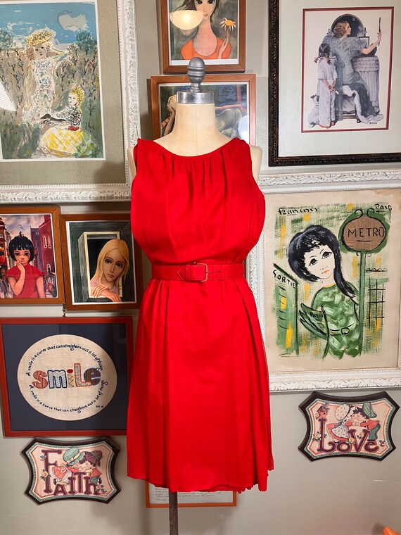 1960's Sleeveless Belted Red Silk Chiffon Holiday… - image 2