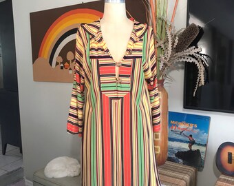 1970s Vintage Striped Hooded Cover up Tunic Dress