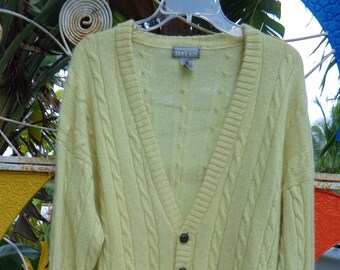 Christopher Hayes 1980's Men's Pale Yellow Cable Knit Wool Cardigan Sweater