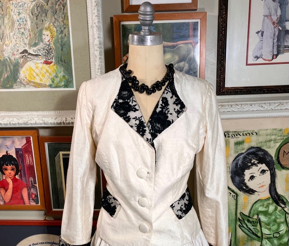 The Engle Shop 1980's Raw Silk Black Lace Jacket … - image 1