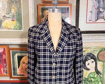 1970's Plaid Blazer Ladies Navy Blue & Ivory