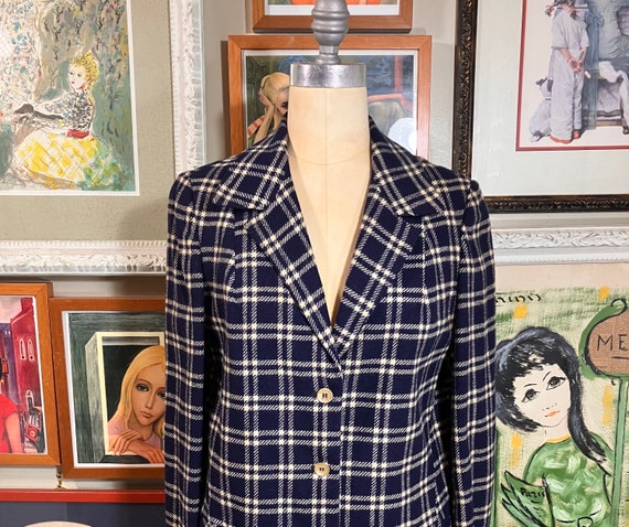 1970's Plaid Blazer Ladies Navy Blue & Ivory - image 1