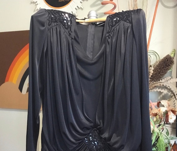 1980’s Black Sequined Formal Ruched Jumpsuit - image 1