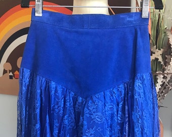 Phoenix 1980's Skirt Gals Royal Blue Suede and Lace Mini Skirt