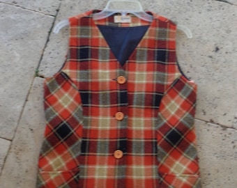 Eastmoor 1970's Wool Vest Burnt Orange, Beige and Black Plaid