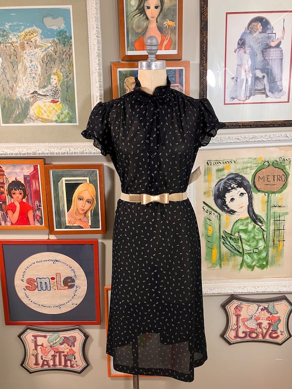 1970's Dress Polyester Sheer Black and Camel Print - image 2