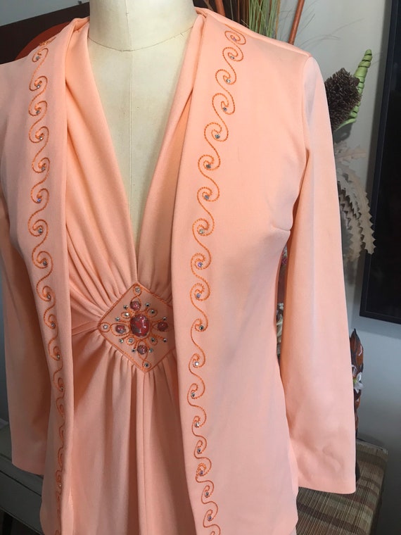 1970s Peach Polyester Two Piece Maxi Dress Gown - image 7