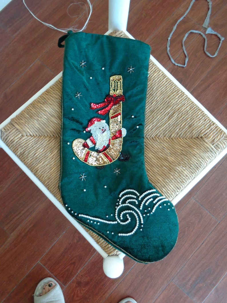 VINTAGE Green Satiny Sequined Christmas Stocking available