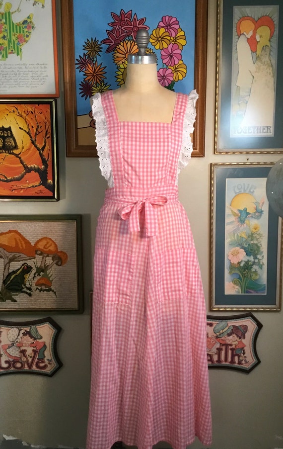 1970’s Vintage Ladies Pink & White Gingham Pinafo… - image 2