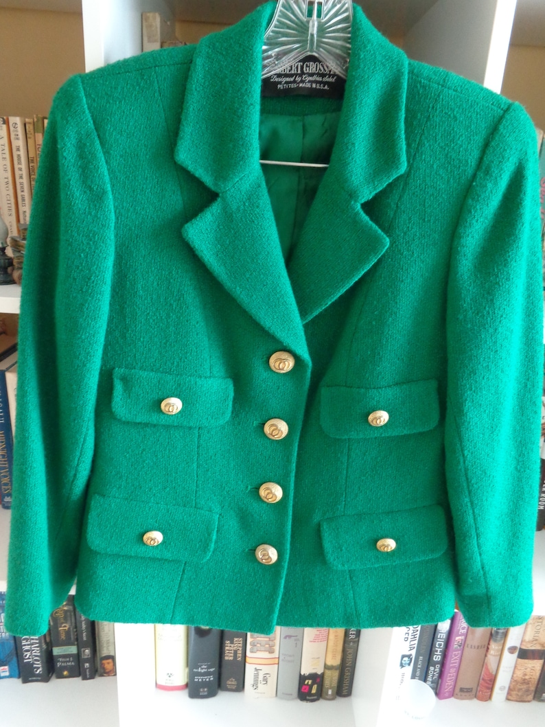 available VINTAGE 1980/'s Classic Petite 2 Piece Green Power Suit by Herbert Grossman