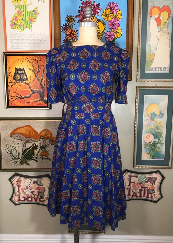 1980's Cotton Dress Royal Blue Paisley - image 2