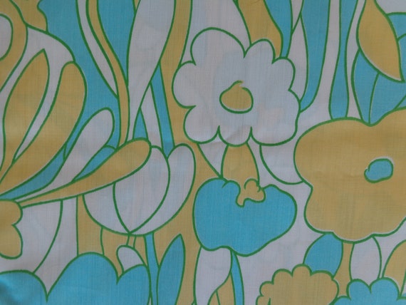 FABRIC! 1970's Cotton Polyester Blend Fabric with Blue and Yellow Flower Print