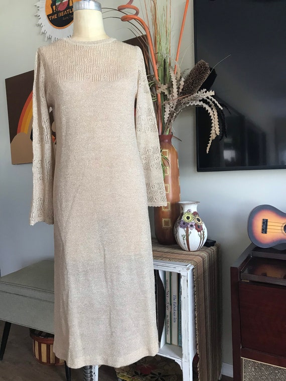 1960s gold knit bell sleeve dress with peek a boo… - image 2