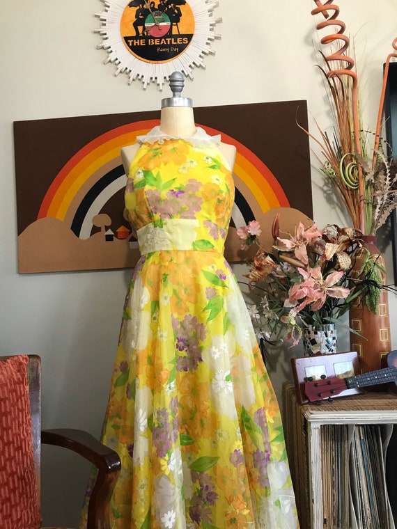 1970s Nadine Floral Halter Prom Dress Vintage Chiffon…