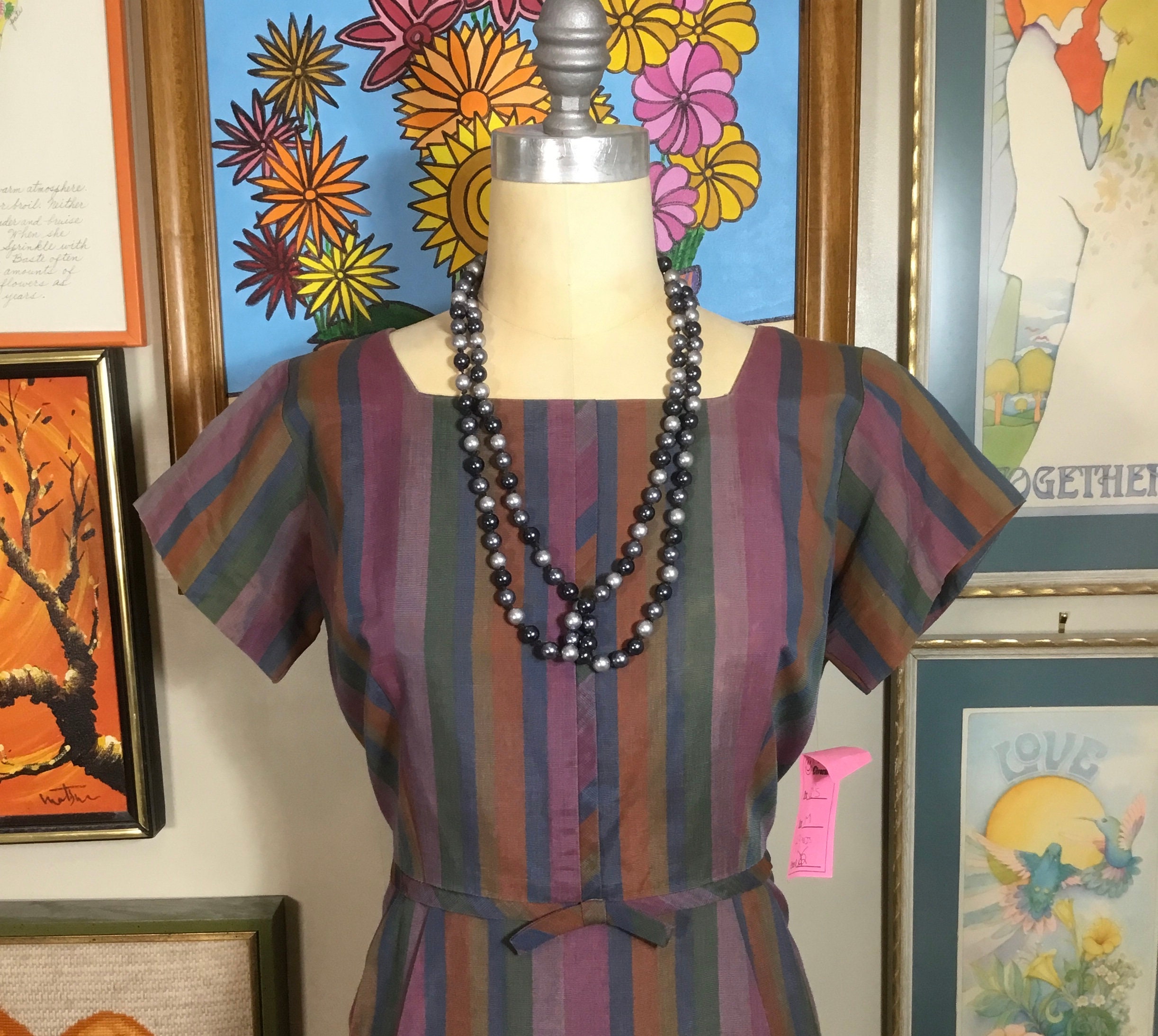 60s -70s Jewelry – Necklaces, Earrings, Rings, Bracelets Vintage 1960s Multi Color Striped Dress $52.00 AT vintagedancer.com