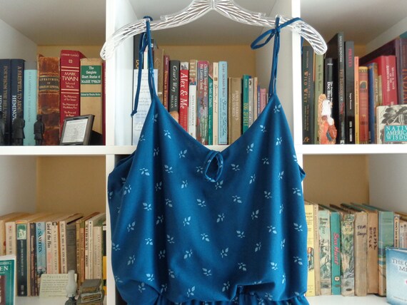1970's Dress Spaghetti Strap Blue Print Disco