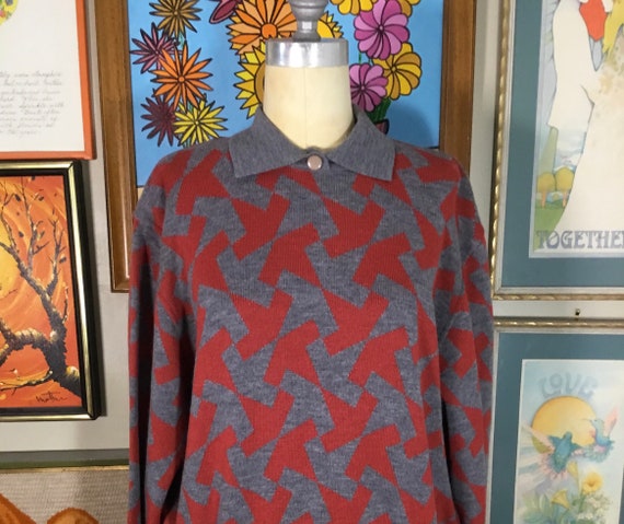 Vintage 1980’s Men’s/Unisex Red&Gray Wool Sweater - image 1
